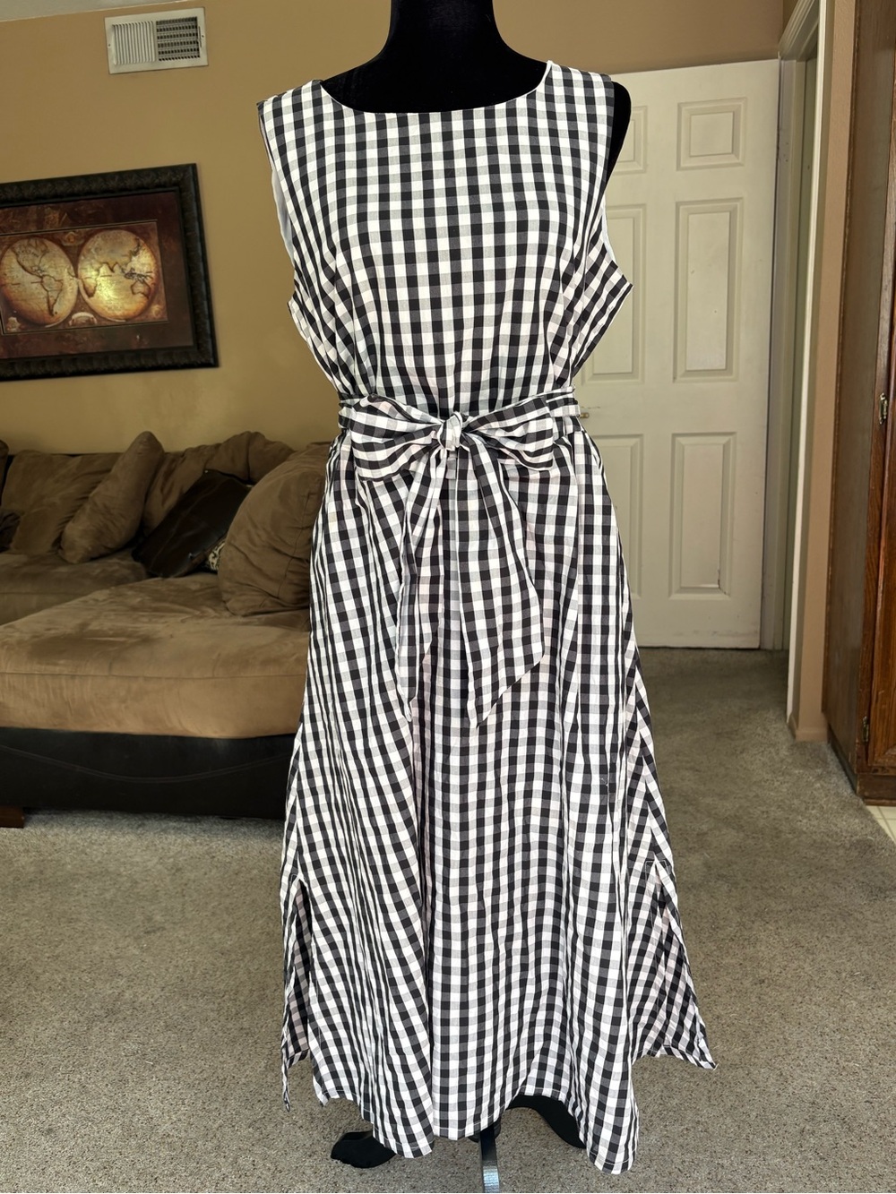 Anne Klein Black & White Gingham Tie-Waist Midi Dress size 14